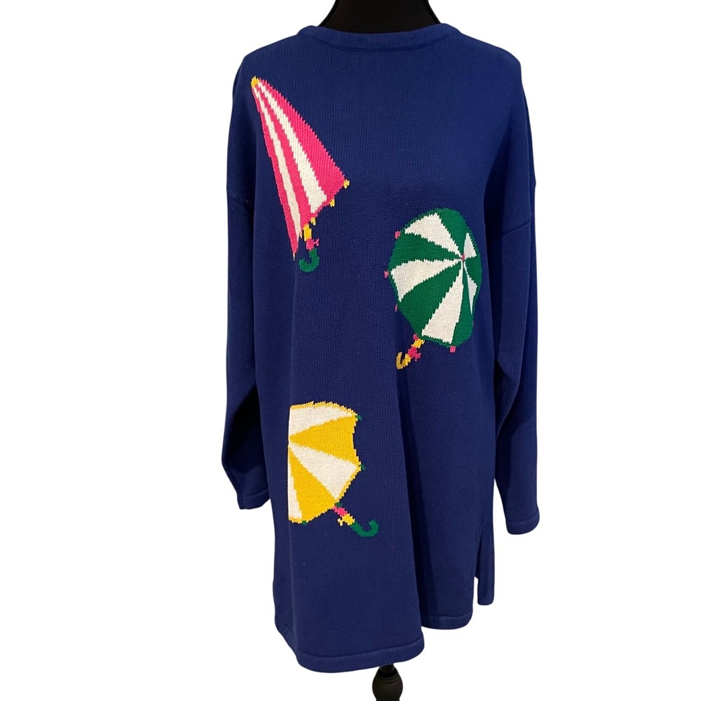 Picone‎ Sport Blue Cotton Sweater Knit Tunic Umbrella Graphic Size L